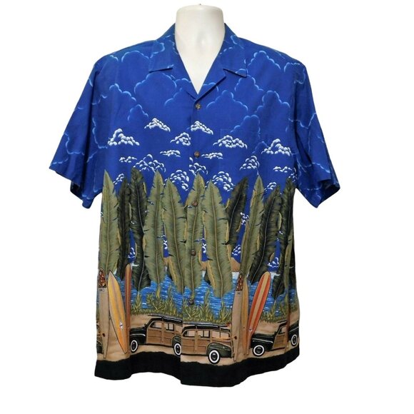 RJC Other - Vintage RJC Hawaiian Shirt XL Blue Surf Woody Car Beach Scene Short Slv Cotton